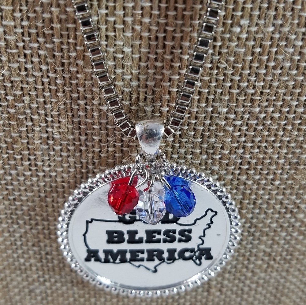 Hand Crafted Pendant Necklace “God Bless America” Charm Red Blue Crystal